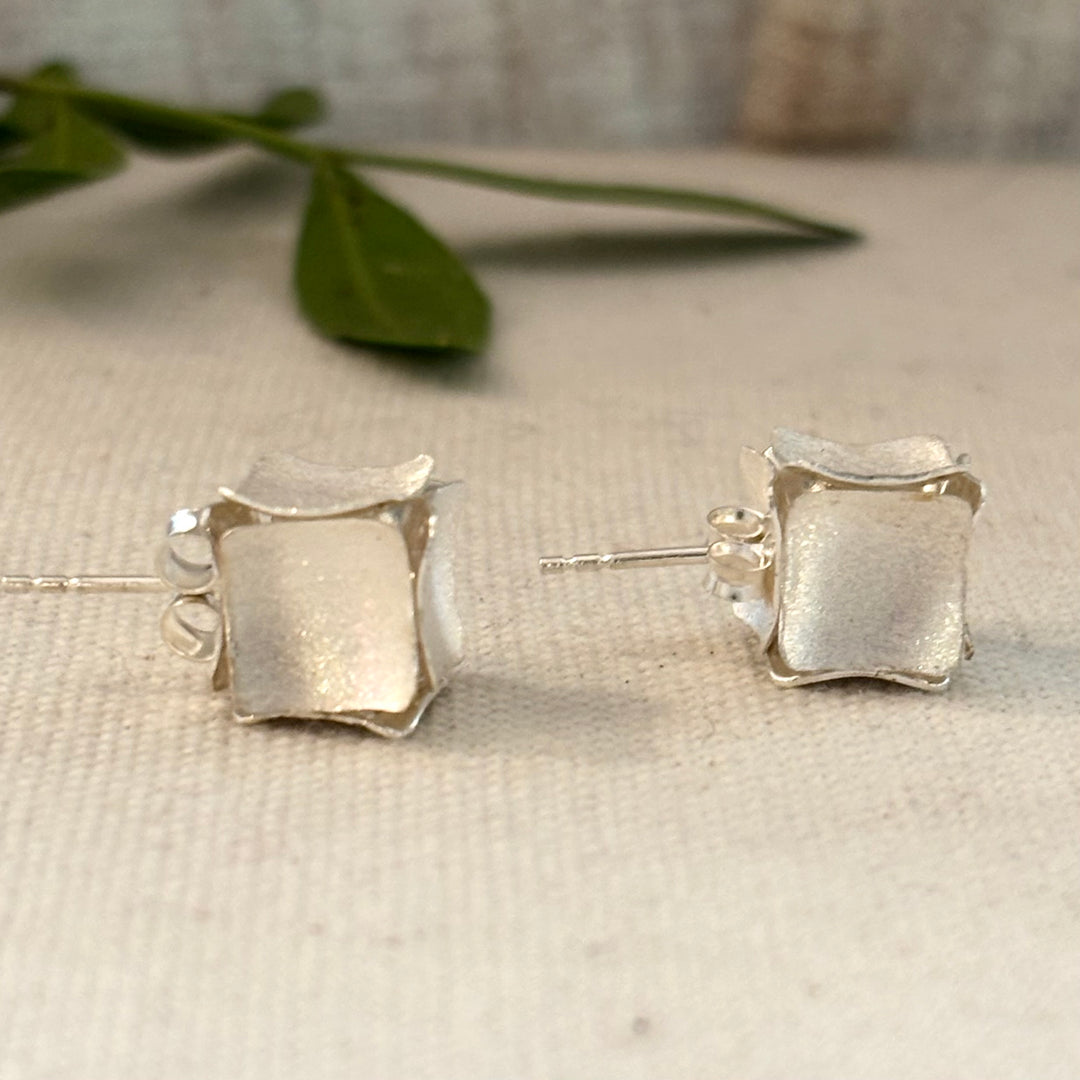 Handmade Textured Silver Petal Cube Stud Earrings