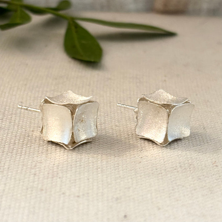 Handmade Textured Silver Petal Cube Stud Earrings