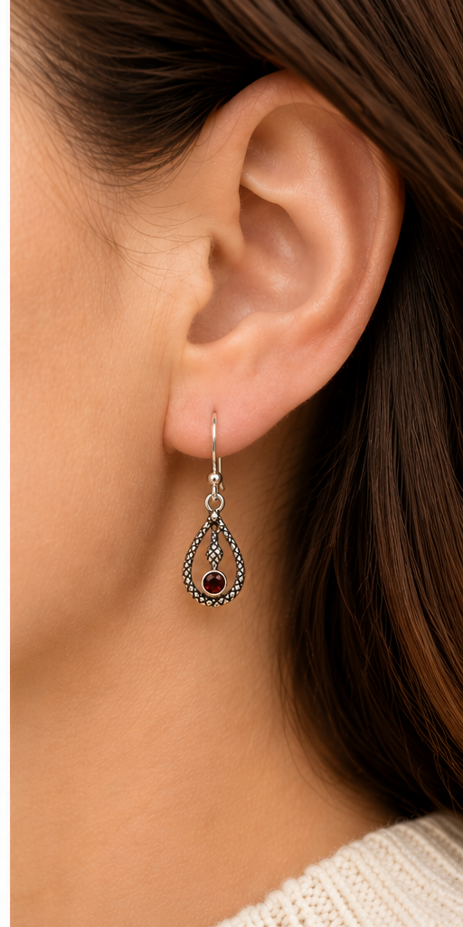 Sterling Silver Garnet Snake Design Drop Earrings