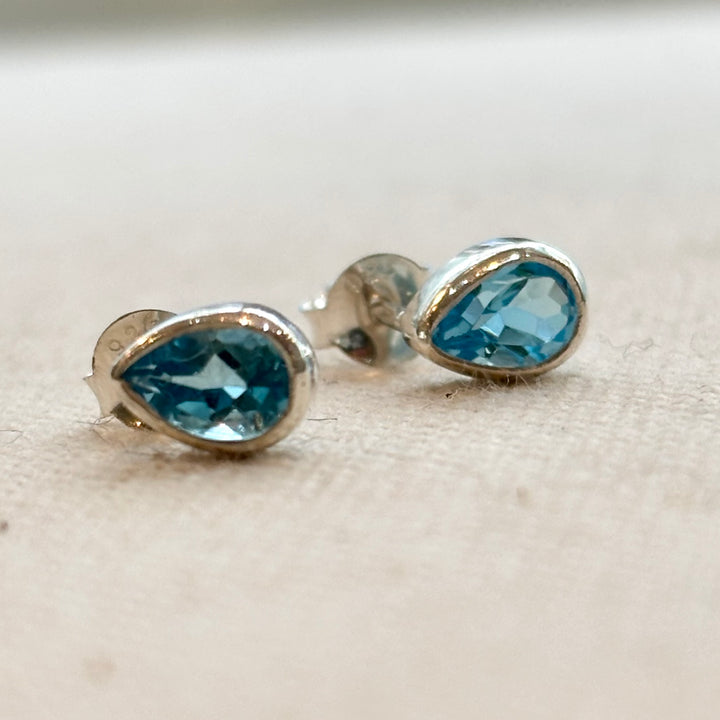 Sterling Silver Blue Topaz Pear Stud Earrings