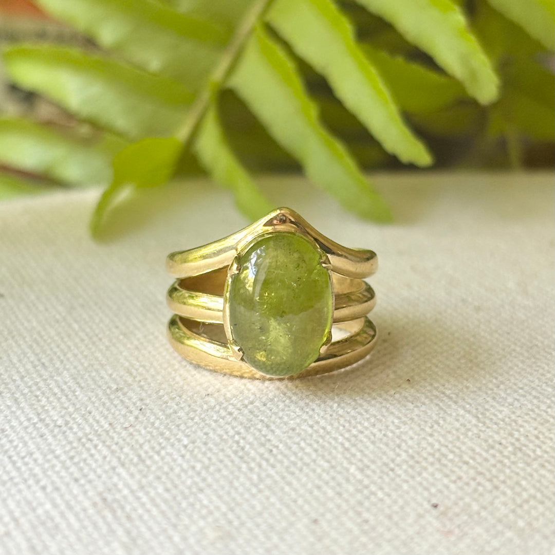 Peridot Cabochon Ring in Panchdhatu – Handmade Multi Band Design – Size P