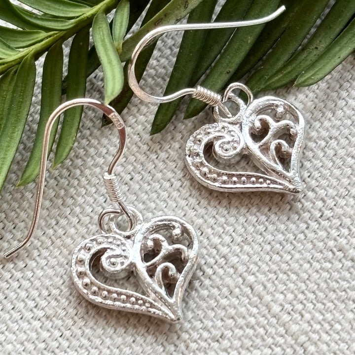 Sterling silver ornate heart drop earrings