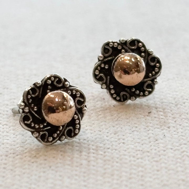Silver Flower Stud Earrings with Gold Plated Centre