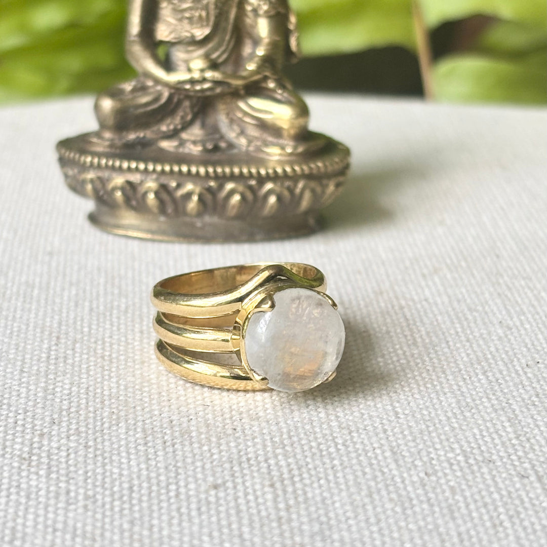 Moonstone Statement Ring in Panchadhatu – Multi Band Design – Size L