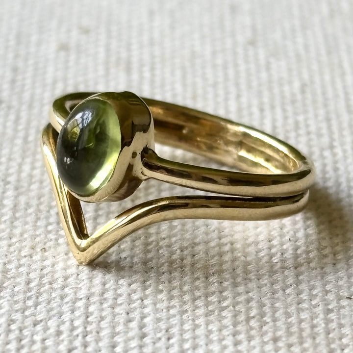 Peridot Cabochon Ring in Panchadhatu – Handmade Wrap Design – Size M