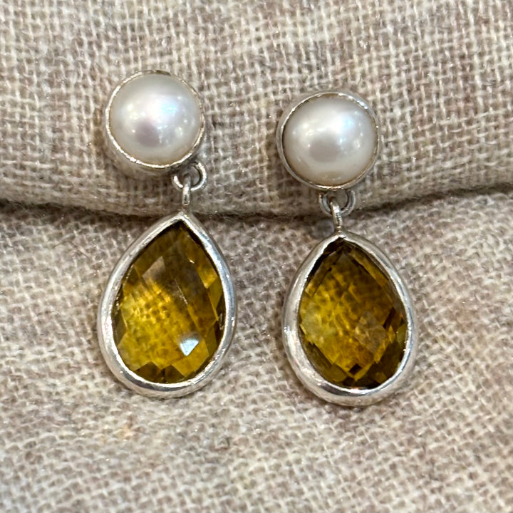 Citrine & Freshwater Pearl Teardrop Silver Earrings