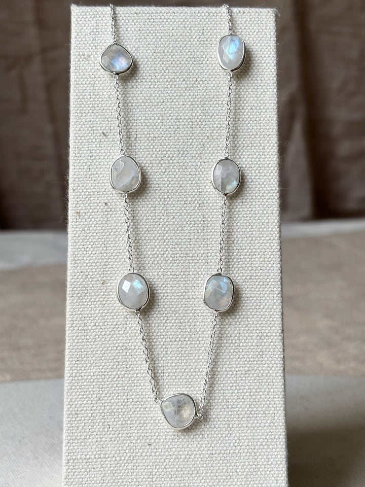 Moonstone Sterling Silver Station Necklace – 16–18 Inch Adjustable
