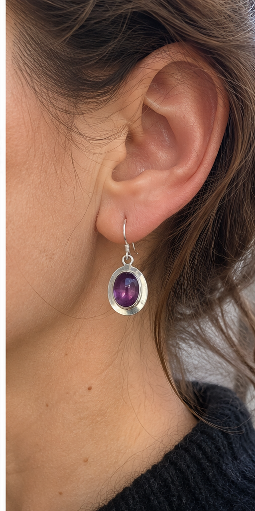 Sterling Silver Oval Amethyst Drop Earrings
