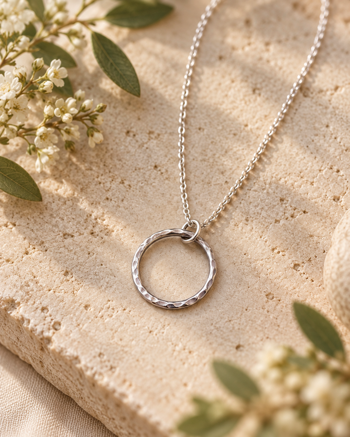 Handmade Solid Sterling Silver Hammered Circle Necklace