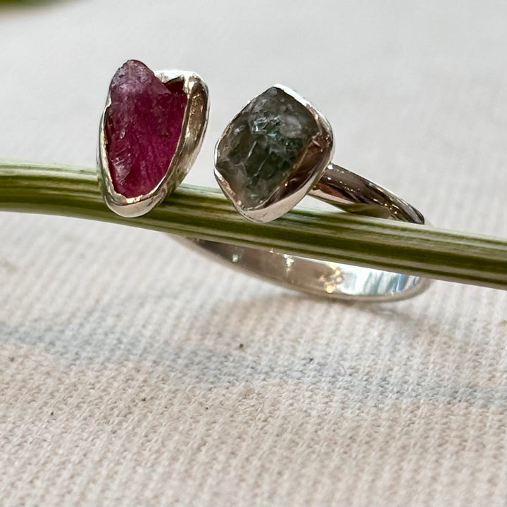 Sterling Silver Raw Pink & Green Tourmaline Ring – Size O