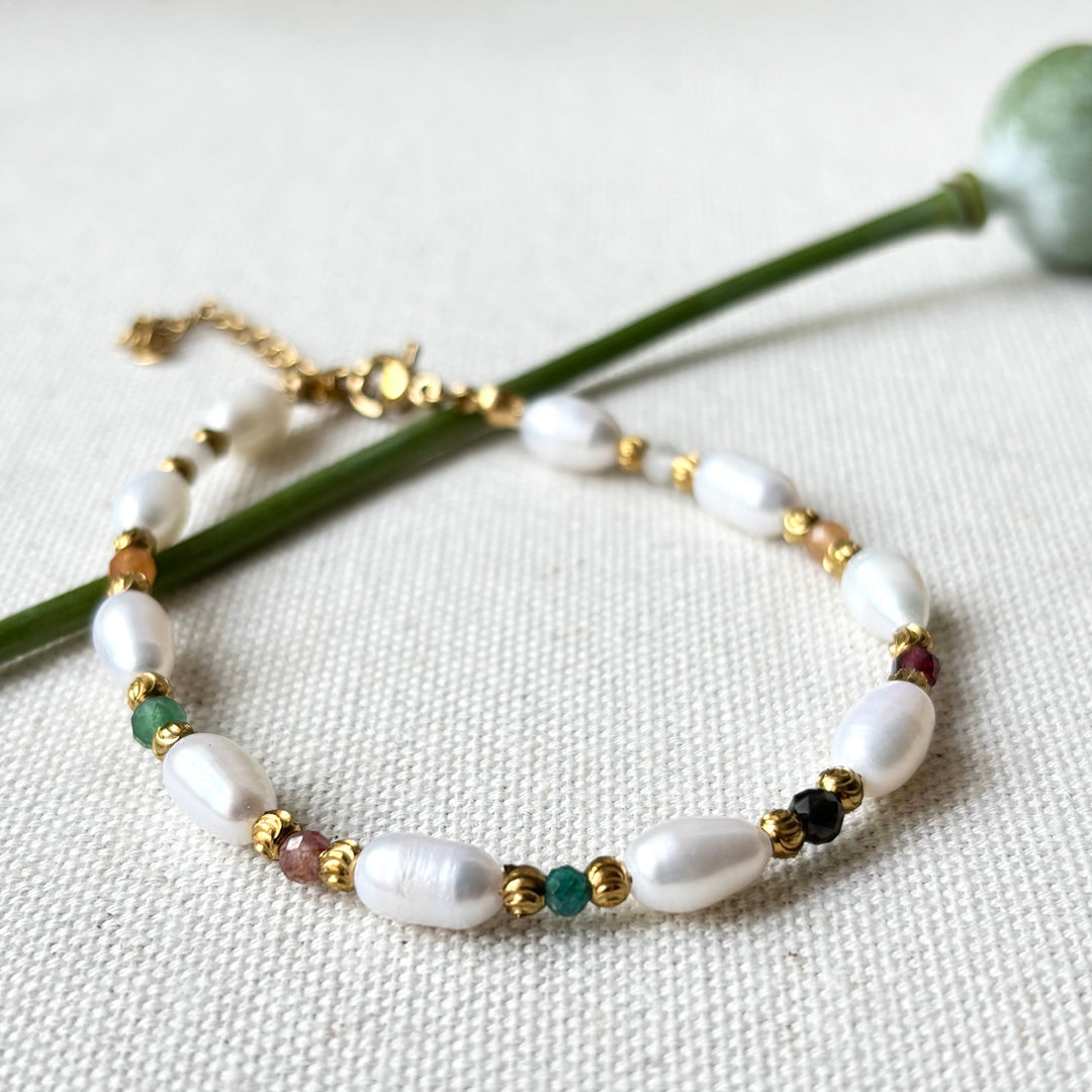 Freshwater Pearl & Tourmaline Bracelet – Gold Plated Stainless Steel