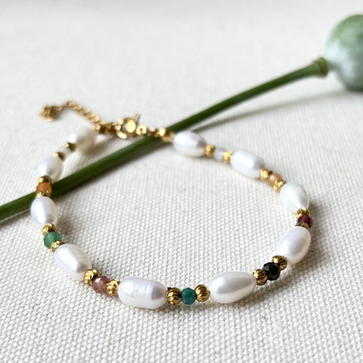 Freshwater Pearl & Tourmaline Bracelet – Gold Plated Stainless Steel