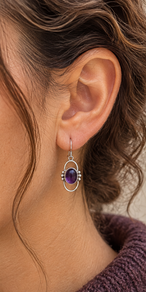 Amethyst Sterling Silver Oval Drop Earrings