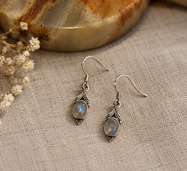 Tiny Oval Moonstone Sterling Silver Drop Earrings