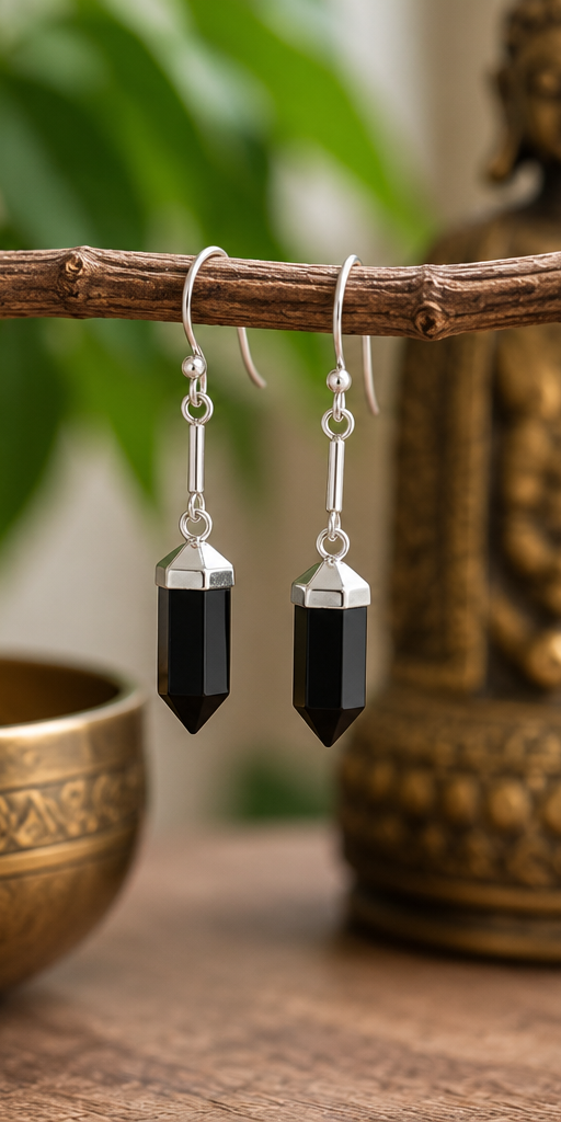Sterling Silver Black Onyx  Crystal Point Drop Earrings