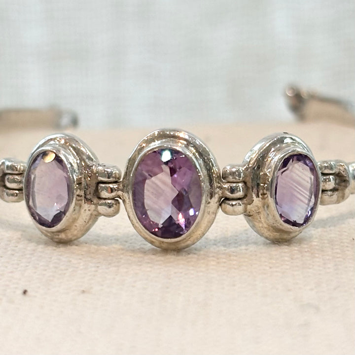 Amethyst Three Stone Silver Bracelet