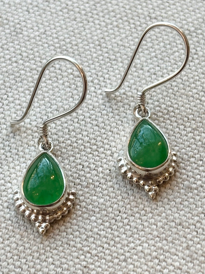 Green Jade Teardrop Silver Earrings