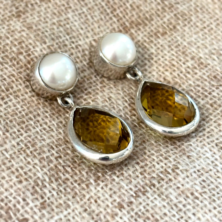 Citrine & Freshwater Pearl Teardrop Silver Earrings