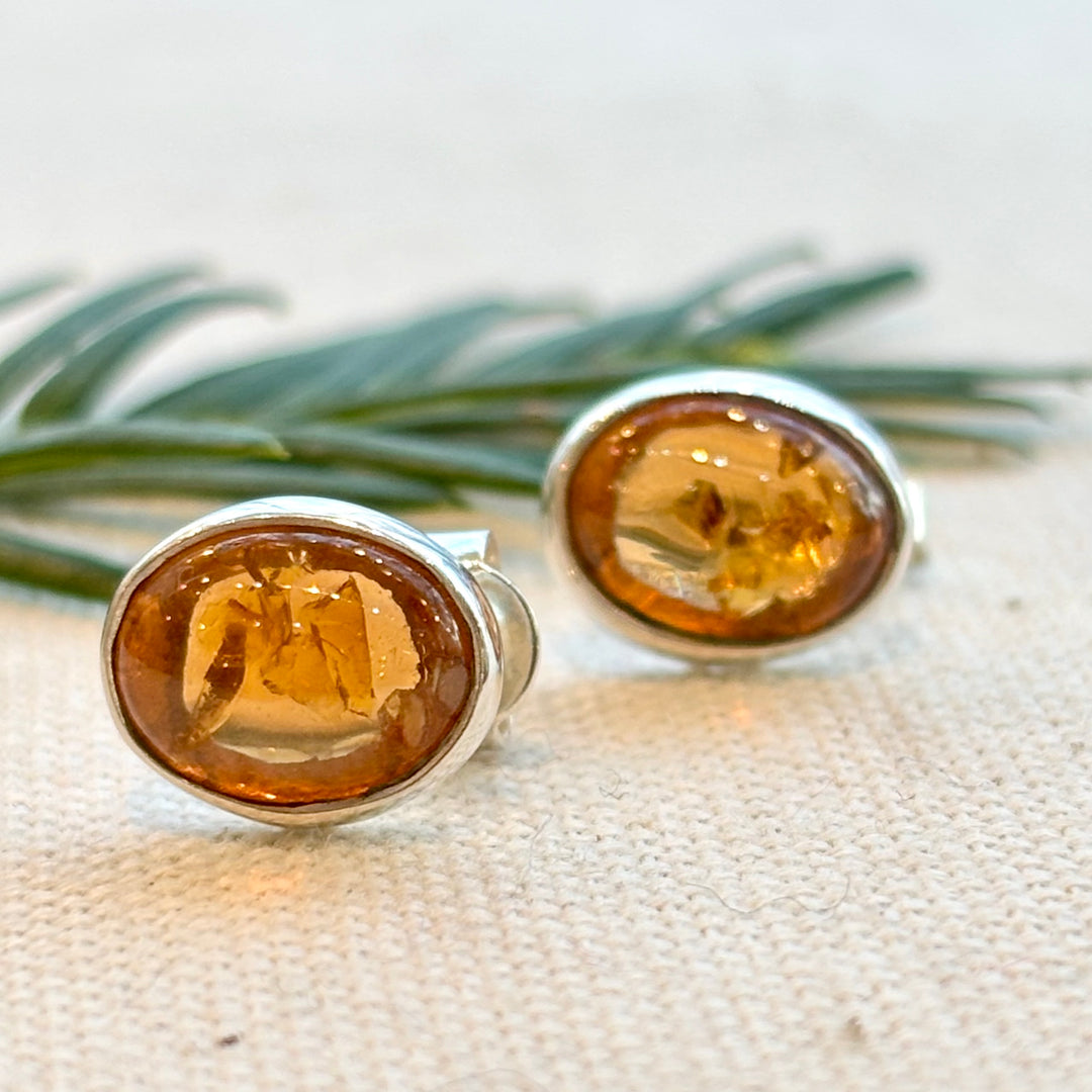 Sterling Silver Amber Oval Stud Earrings