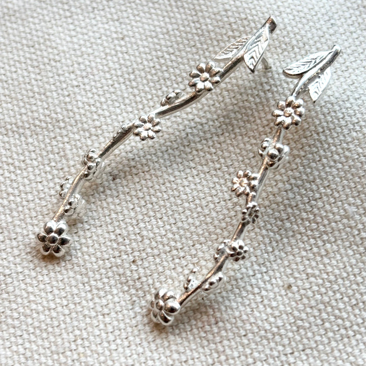 Silver Floral Vine Drop Earrings 45mm