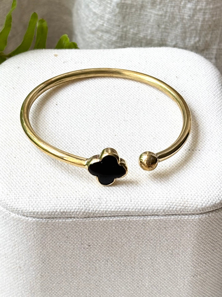 Handmade Panchadhatu Black Clover Open Cuff Bangle