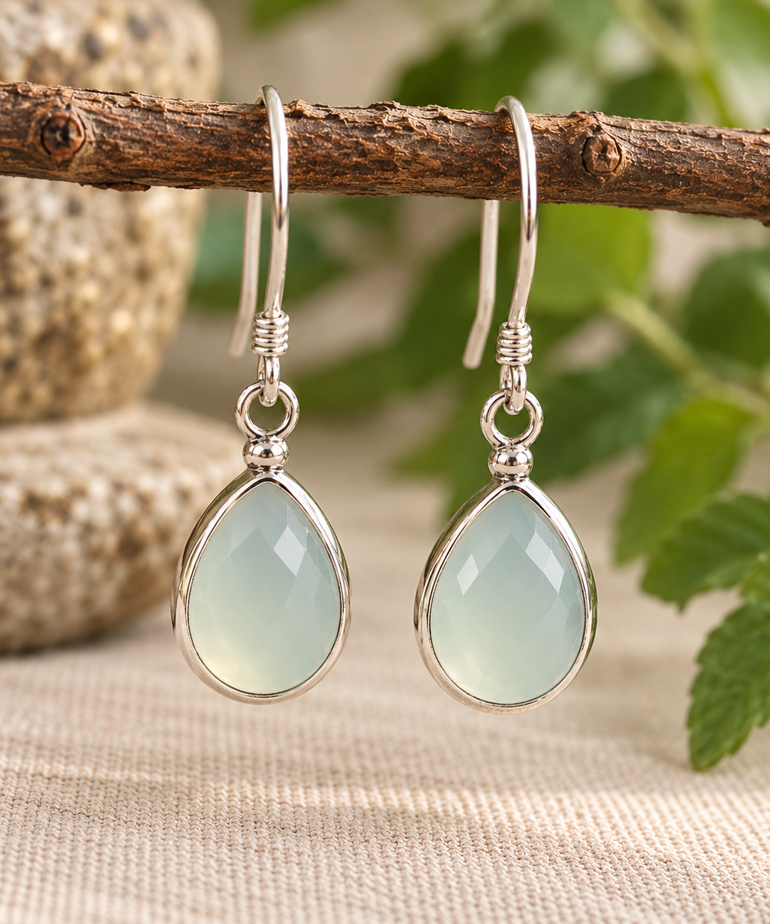 Faceted Pale Green Chalcedony Sterling Silver Teardrop Earrings