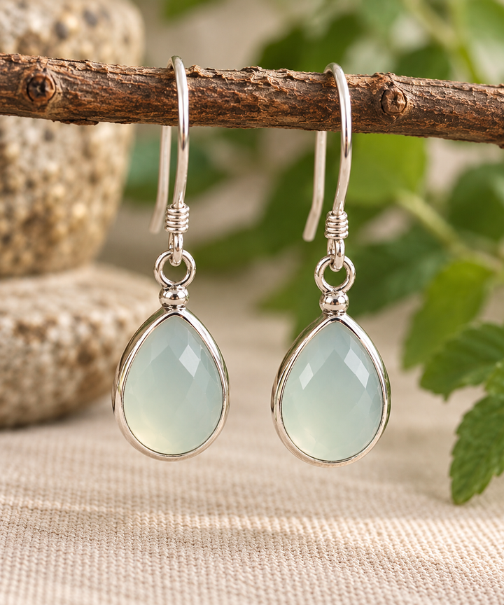 Faceted Pale Green Chalcedony Sterling Silver Teardrop Earrings