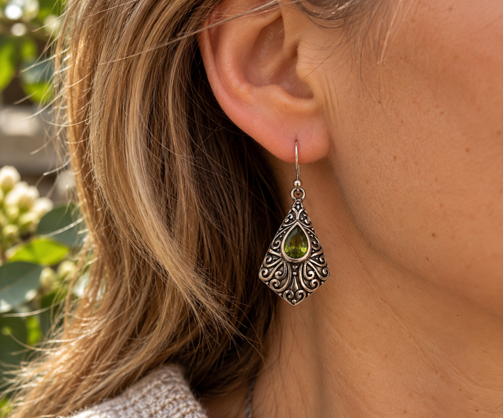 Handmade Sterling Silver Peridot Filigree Drop Earrings