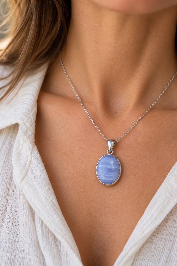 Blue Lace Agate Sterling Silver Pendant