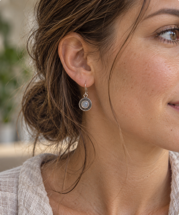 Moonstone Beaded Circle Sterling Silver Earrings