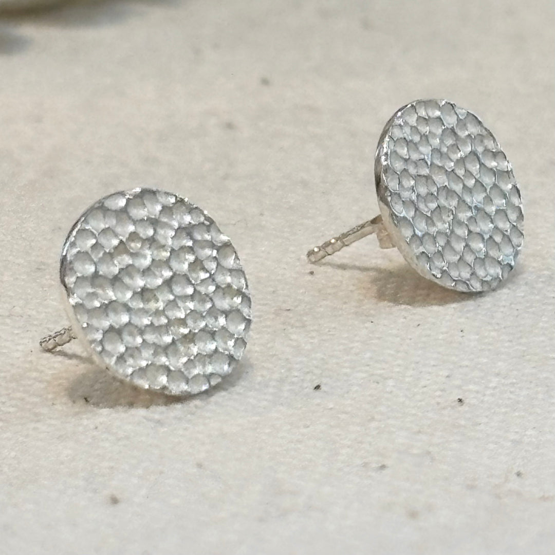 Textured Silver Disc Stud Earrings 10mm