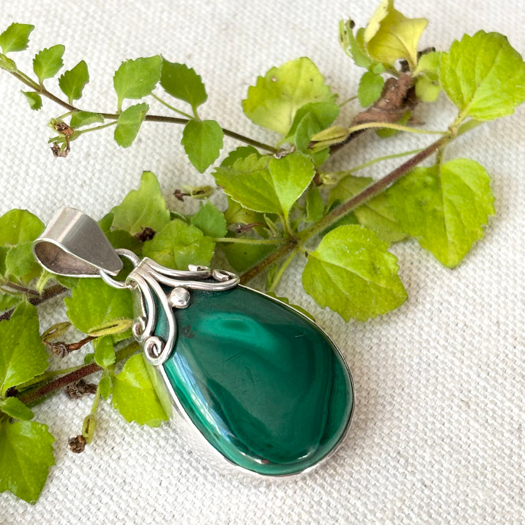 Malachite Sterling Silver Teardrop Pendant with Scroll Detail