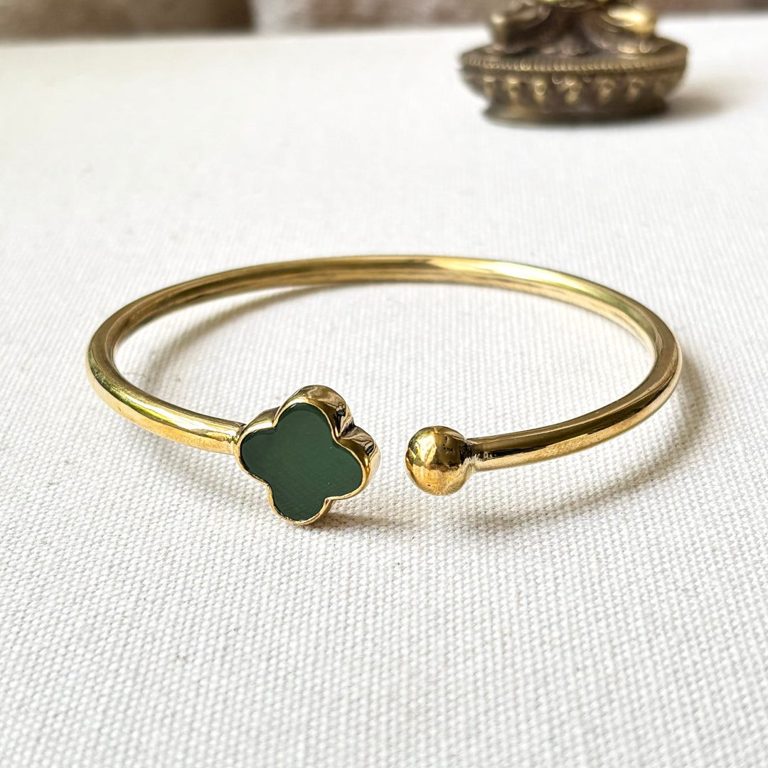 Handmade Panchadhatu Green Clover Open Cuff Bangle