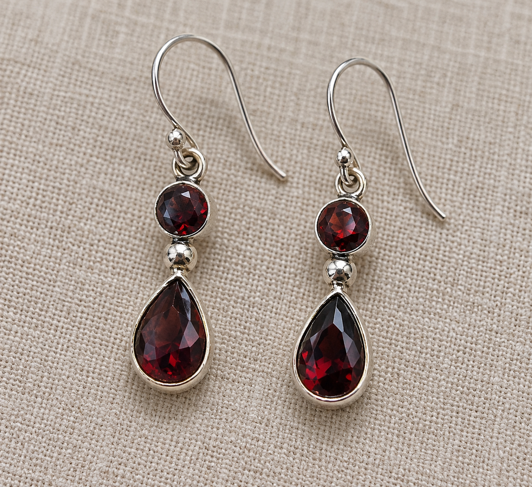 Handmade Sterling Silver Garnet Double Drop Earrings
