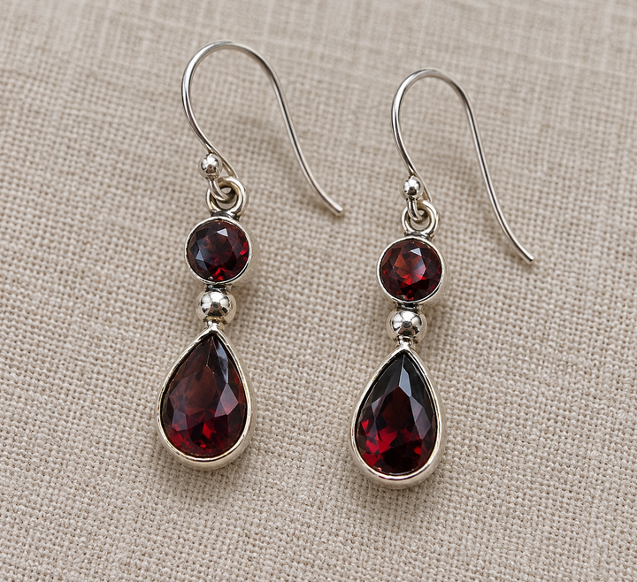 Handmade Sterling Silver Garnet Double Drop Earrings