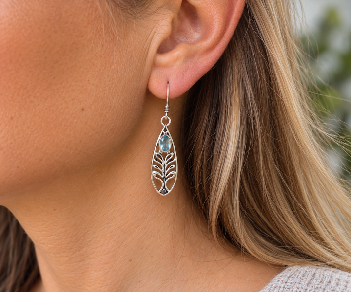 Blue Topaz Tree of Life Sterling Silver Drop Earrings