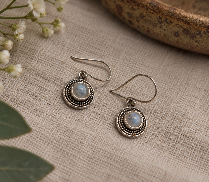 Moonstone Beaded Circle Sterling Silver Earrings