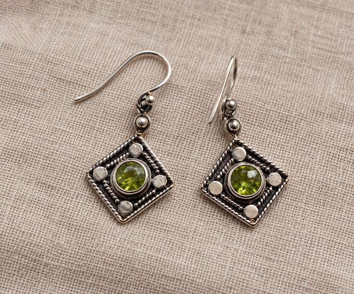 Square Sterling Silver Earrings with Peridot
