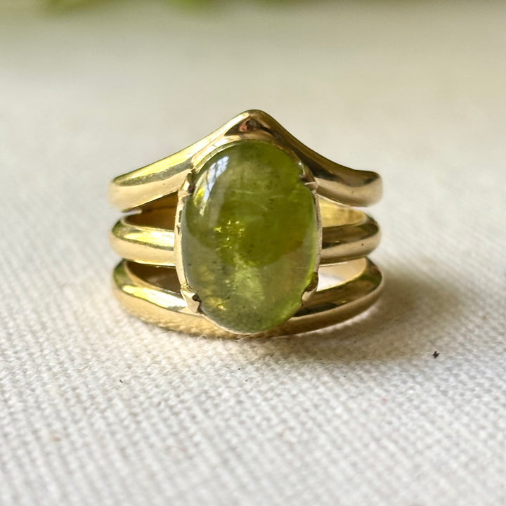 Peridot Cabochon Ring in Panchdhatu – Handmade Multi Band Design – Size P
