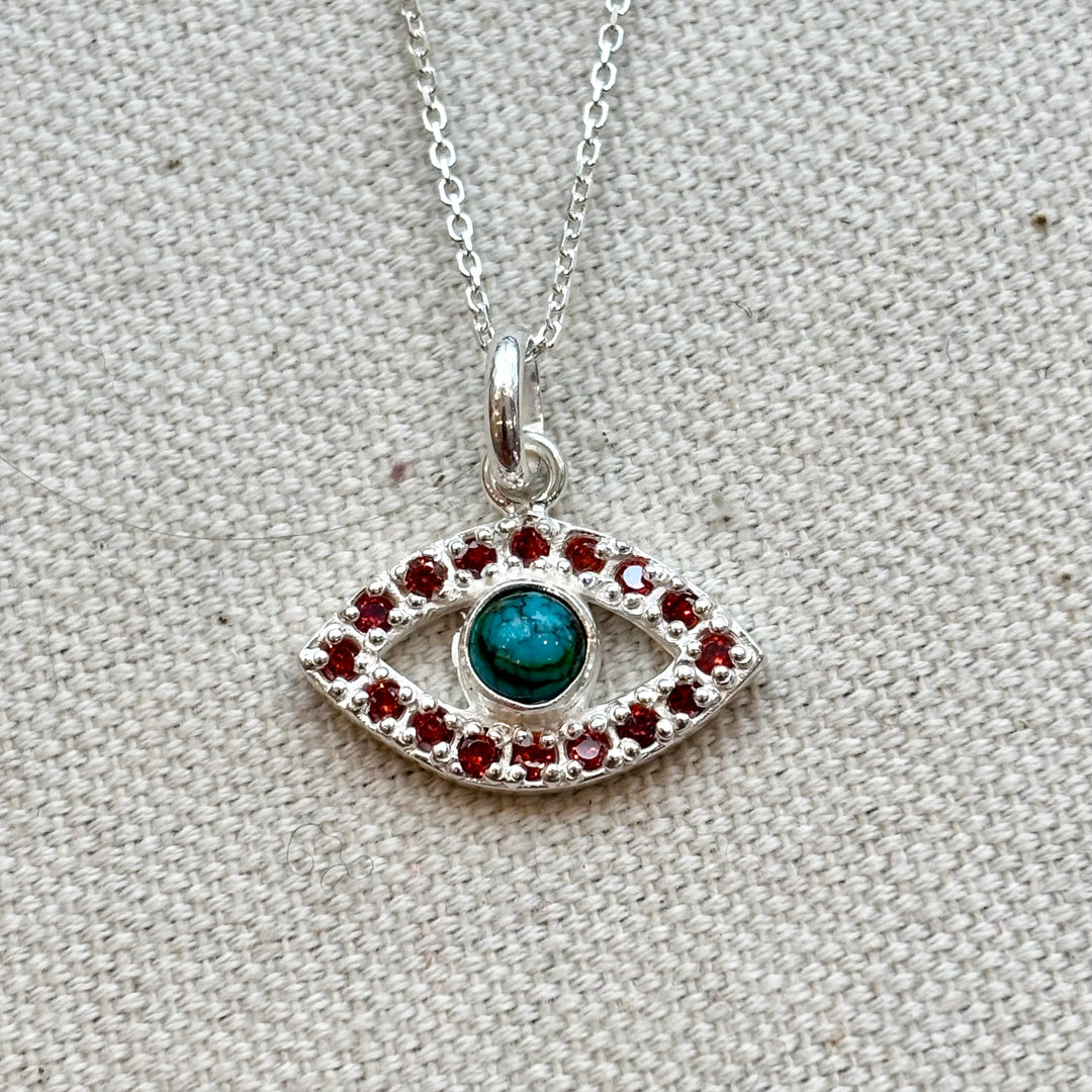 Turquoise & Purple Zircon Evil Eye Silver Necklace – 18 Inch Chain