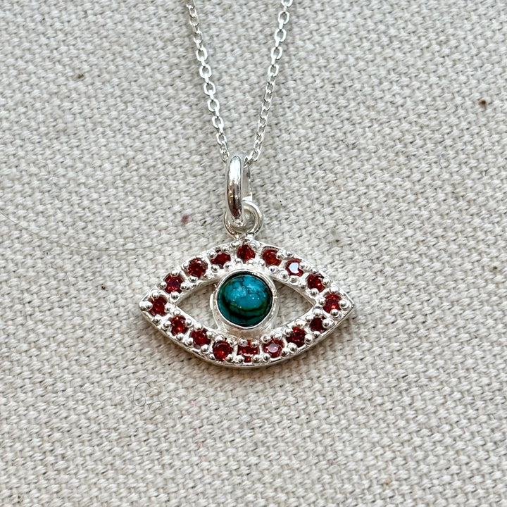 Turquoise & Purple Zircon Evil Eye Silver Necklace – 18 Inch Chain
