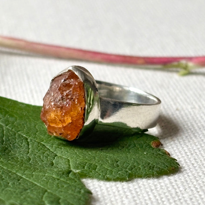 Raw Orange Garnet Sterling Silver Ring –  Size P