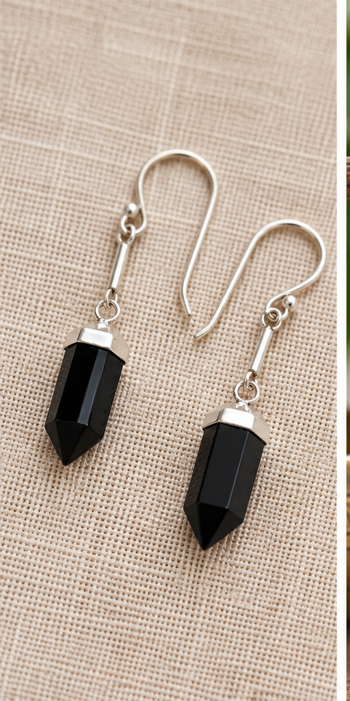 Sterling Silver Black Onyx  Crystal Point Drop Earrings