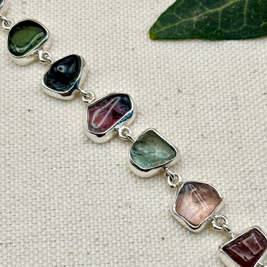 Natural Tourmaline Silver Bracelet – Handmade Sterling Silver Multi Tourmaline Bracelet