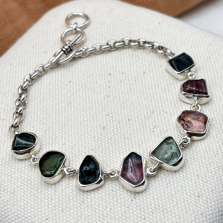 Natural Tourmaline Silver Bracelet – Handmade Sterling Silver Multi Tourmaline Bracelet