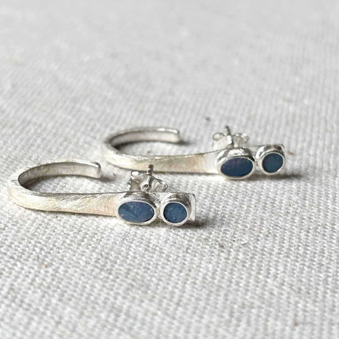 Handmade Opal Silver Open Hoop Stud Earrings