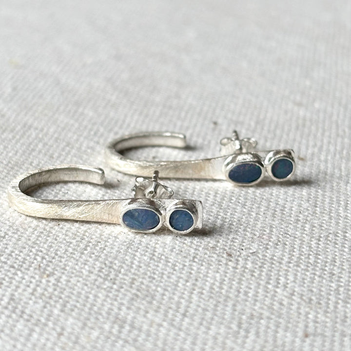 Handmade Opal Silver Open Hoop Stud Earrings