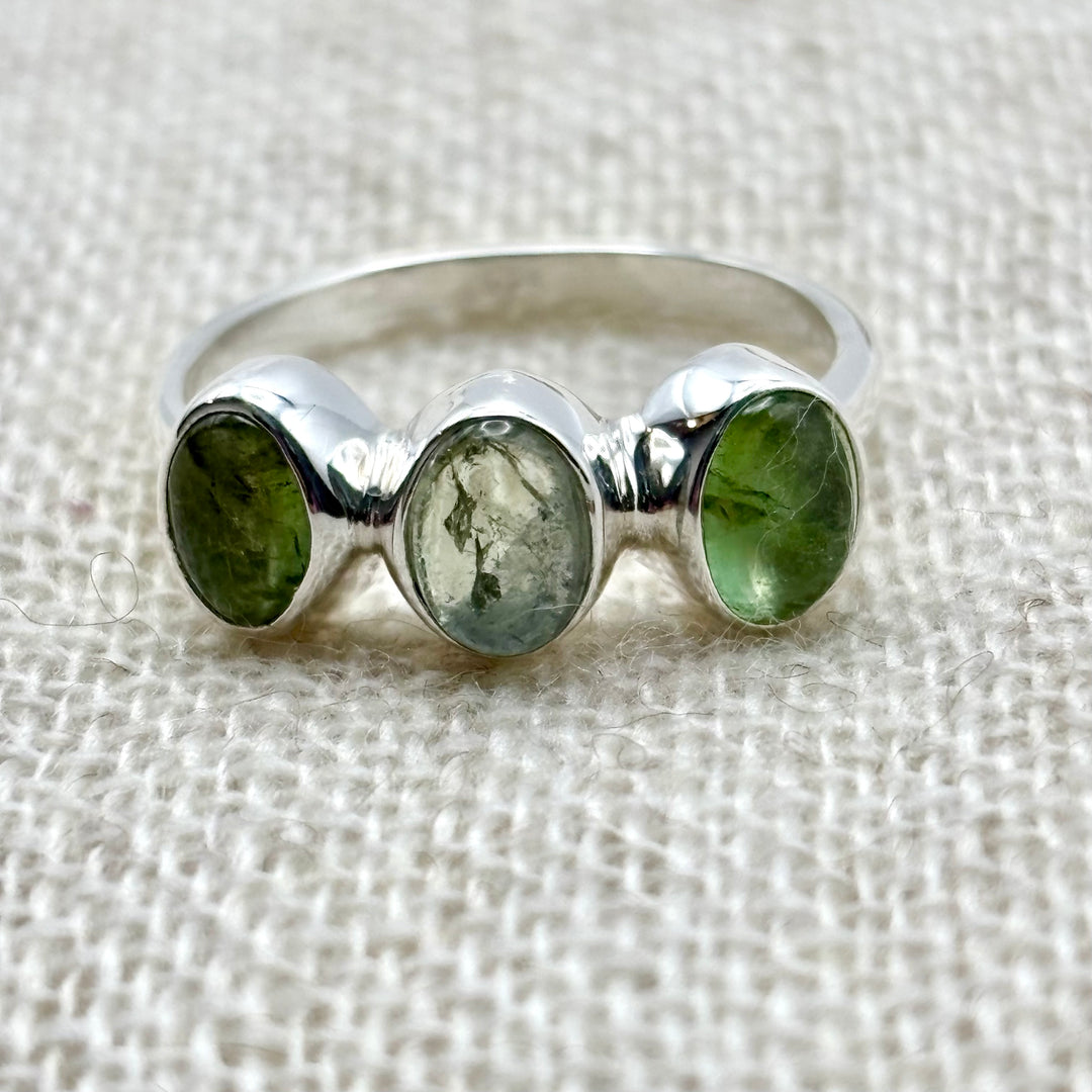 Forest Trio Green Tourmaline Ring – Sterling Silver (Size P)