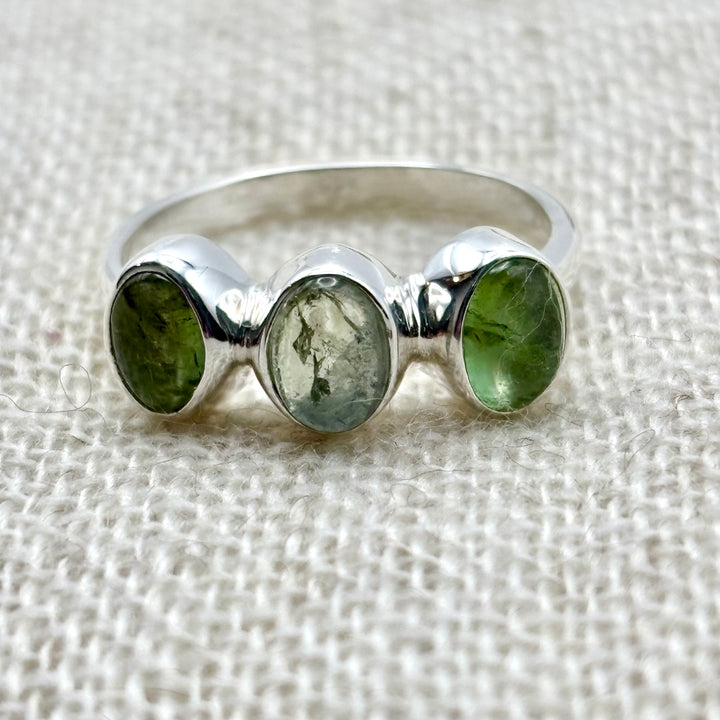 Forest Trio Green Tourmaline Ring – Sterling Silver (Size P)