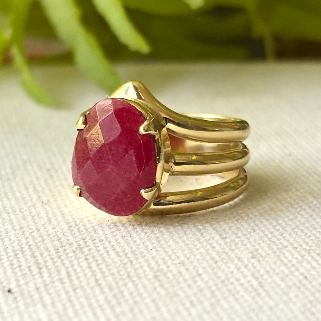 Ruby Ring in Panchdhatu – Faceted Red Gemstone – Handmade Multi Band Design – Size Q